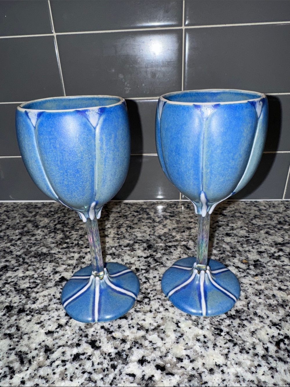 Pair of Blue Petal-Edged Ceramic Wine Glasses